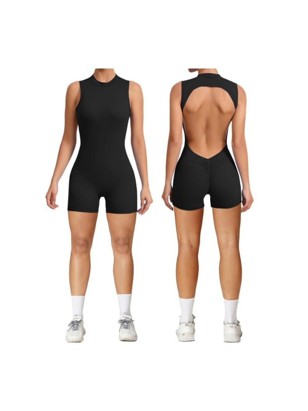 Women Short Jumpsuit Backless Scrunch Sleeveless Workout Rompers